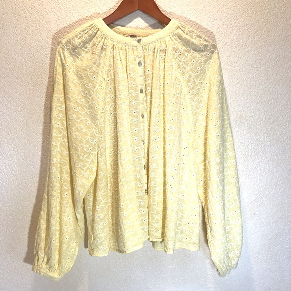 Free People Yellow Lace Button Down Top - Size Lg - Picture 1 of 6